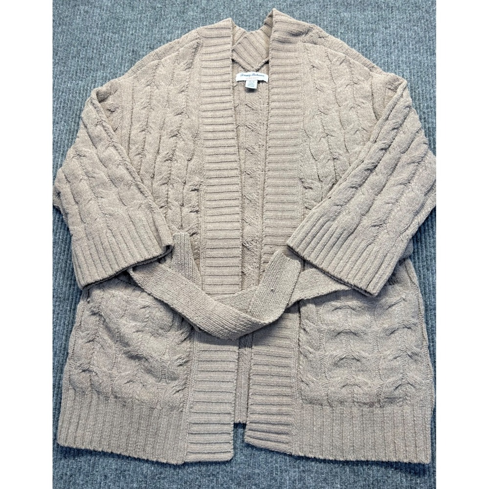 Tommy Bahama Island Soft Cable Knit Cardigan Belted Taupe Brown Womens Medium
